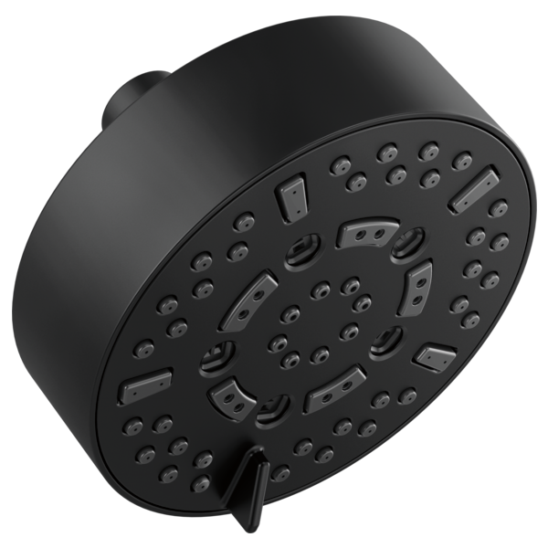 Black round wall-mount shower head with multiple spray nozzles and adjustment settings on face.