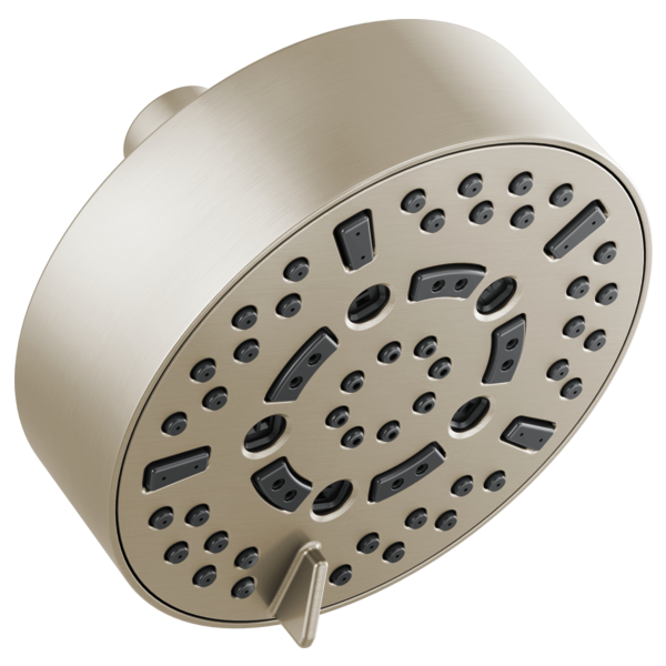 Round brushed nickel wall-mount shower head with multiple spray nozzles and adjustment lever.