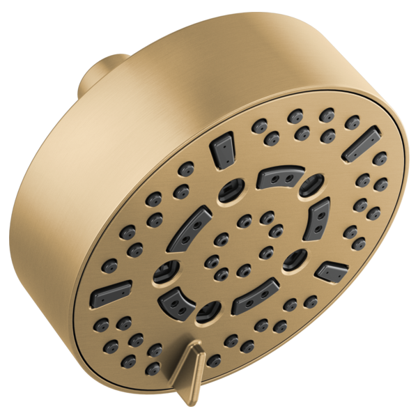 Round champagne-bronze wall-mounted shower head with multiple spray nozzles and control lever.