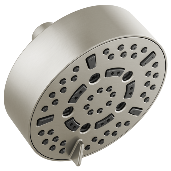 Round brushed nickel shower head with multiple spray jets and selector lever mounted on curved arm.