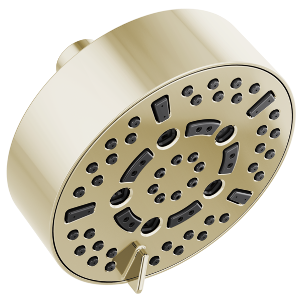 Polished nickel circular wall-mounted shower head with multiple spray nozzles and adjustment lever.