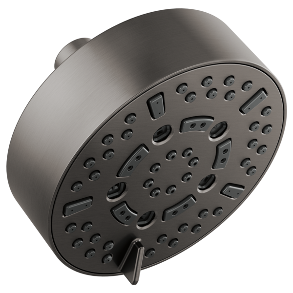 Round brushed nickel wall-mount shower head with multiple spray nozzles and adjustment lever.