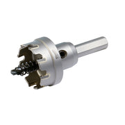 Silver and black carbide hole cutter with cylindrical shaft and segmented cutting head.