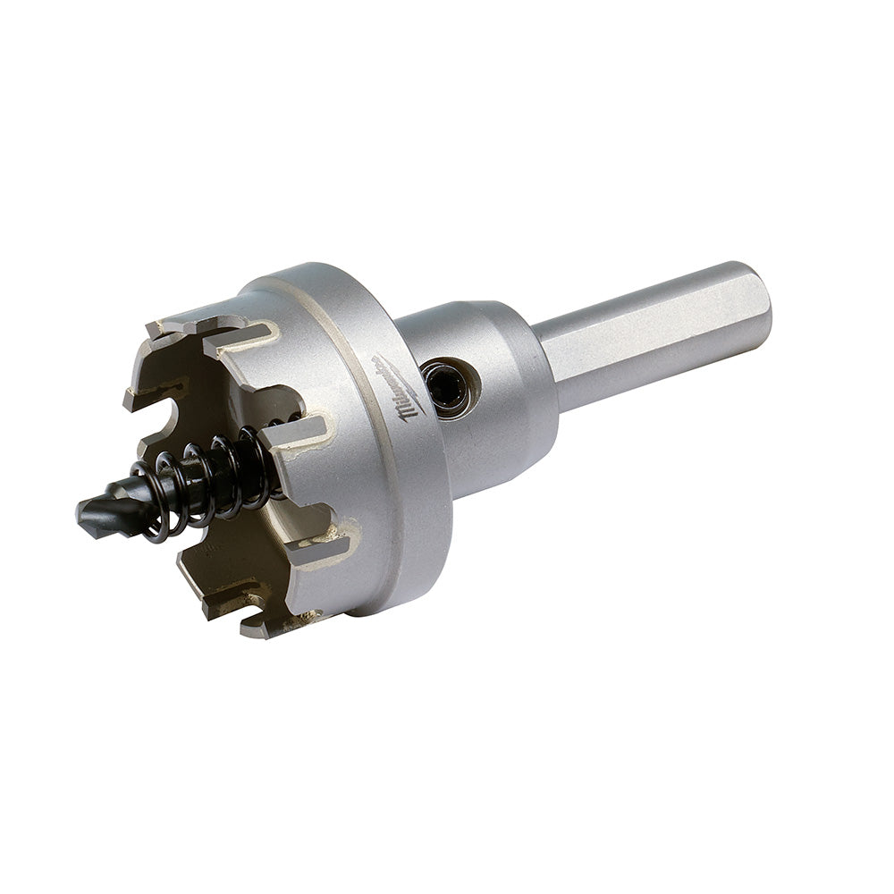 Silver and black carbide hole cutter with cylindrical shaft and segmented cutting head.