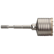 Metal spline core bit with cylindrical cutting head and fluted shaft on white background.