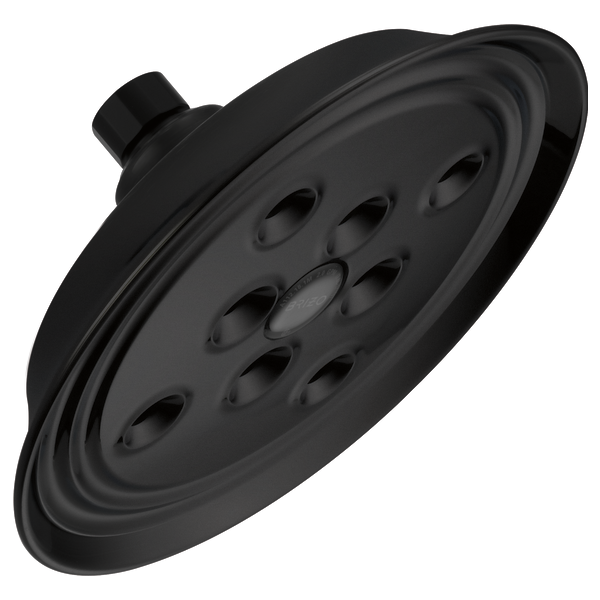 Black round wall-mount shower head with multiple spray holes and adjustable arm connector.