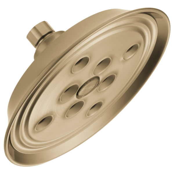 Round brushed nickel shower head with multiple spray nozzles and wall mount connector.