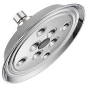 Chrome round shower head with multiple spray nozzles and wall mount connector.