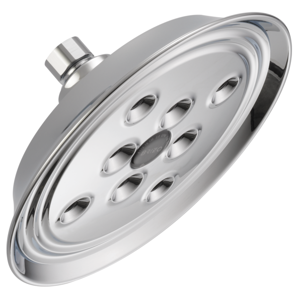 Chrome round shower head with multiple spray nozzles and wall mount connector.