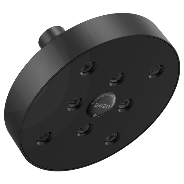 Black round wall-mounted shower head with multiple spray nozzles and adjustable control dial in center.