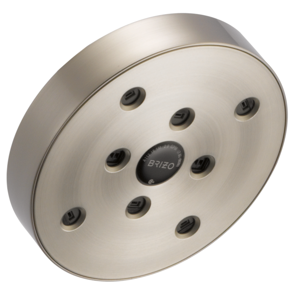 Brushed nickel circular wall-mount shower head with multiple spray nozzles and center control dial.