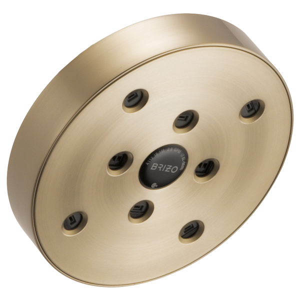 Brushed champagne round shower head with multiple spray jets arranged in circular pattern and central Brizo logo.