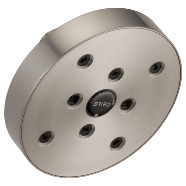 Chrome round shower head with nine spray nozzles and Brizo logo in center.