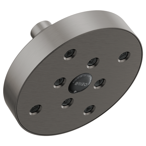 Brushed nickel circular shower head with multiple nozzles and central Brizo control dial, mounted on angled arm.