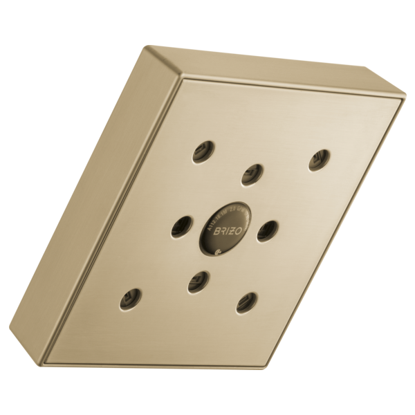 Square brushed nickel shower head with multiple jets arranged in a grid pattern and center control dial.