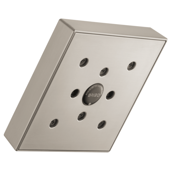 Brushed nickel square wall-mounted shower head with multiple spray jets arranged around center outlet.