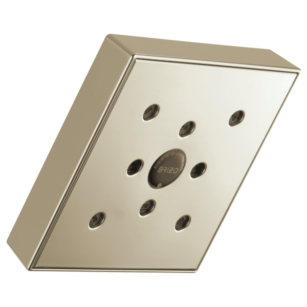 Brushed nickel square wall-mount shower head with multiple spray jets and center control knob.