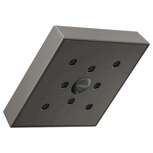 Square brushed nickel shower head with nine spray jets and center control knob mounted on angled wall bracket.