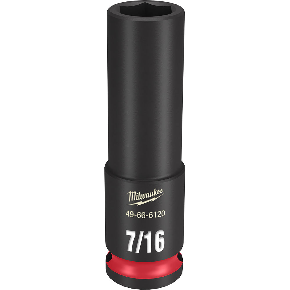 Black Milwaukee deep impact socket with 7/16" marking, 3/8" drive, hexagonal opening, and red grip ring base.