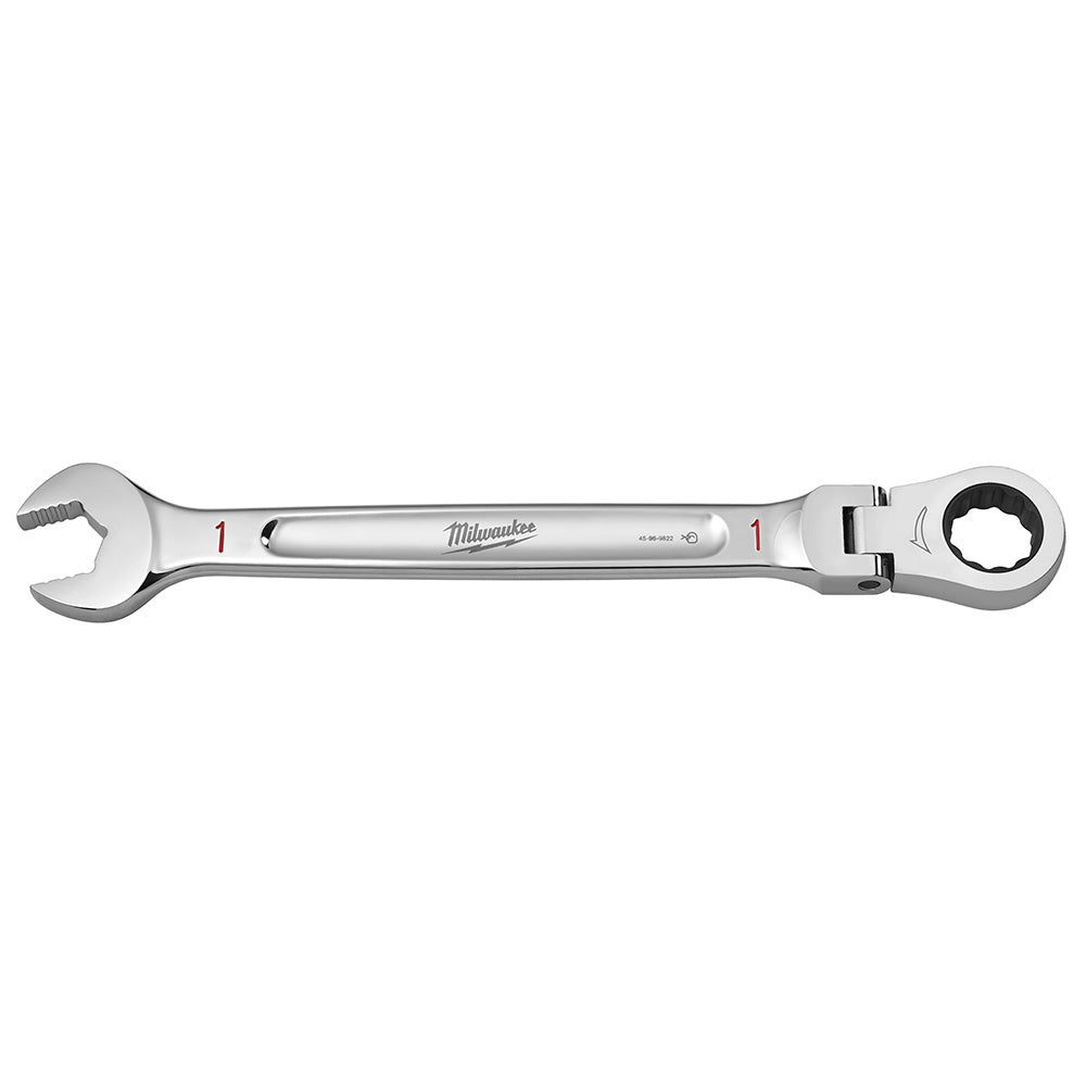 Milwaukee 1" flex head combination wrench with open end and ratcheting ring end, chrome finish.