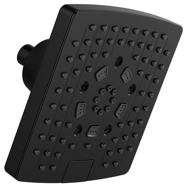 Black square wall-mounted shower head with multiple spray nozzles and adjustment buttons arranged across the face.