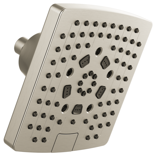 Square brushed nickel shower head with multiple spray jets and rectangular multi-function buttons on face.