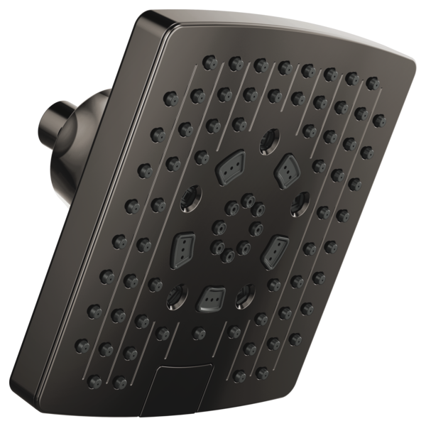 Square dark chrome shower head with multiple spray jets and side control buttons mounted on wall arm.
