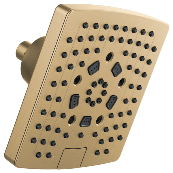 Square brass shower head with multiple spray holes and rectangular jet outlets arranged across the face.