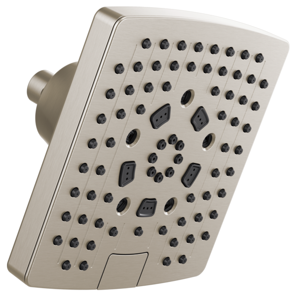 Square brushed nickel shower head with multiple spray jets and function buttons mounted on wall arm.