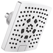 Square white wall-mounted shower head with multiple circular and rectangular water jets and chrome arm connector.