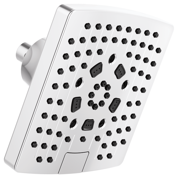 Square white wall-mounted shower head with multiple circular and rectangular water jets and chrome arm connector.