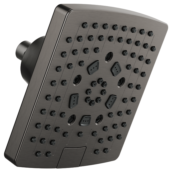 Square gunmetal shower head with multiple spray nozzles and adjustment buttons mounted on wall bracket.