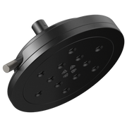 Round matte black wall mount showerhead with multiple spray jets and steel adjustment control on side.