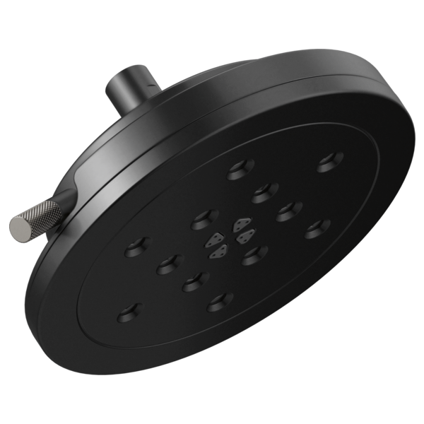 Round matte black wall mount showerhead with multiple spray jets and steel adjustment control on side.