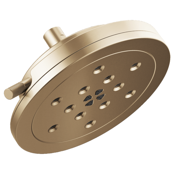 Champagne bronze round wall mount shower head with multiple spray jets and adjustable arm connector.