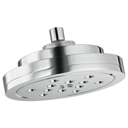 Chrome round wall-mount shower head with multiple spray jets and adjustable arm.