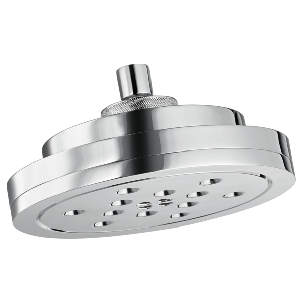 Chrome round wall-mount shower head with multiple spray jets and adjustable arm.