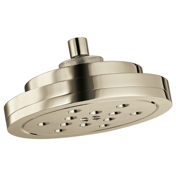 Round brushed nickel wall-mount showerhead with multiple spray nozzles and adjustable arm connector.