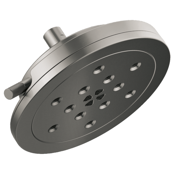 Brushed nickel round wall mount shower head with multiple spray jets and adjustable arm.