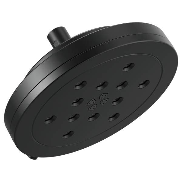 Round black wall-mount shower head with multiple spray nozzles and adjustable arm connector.