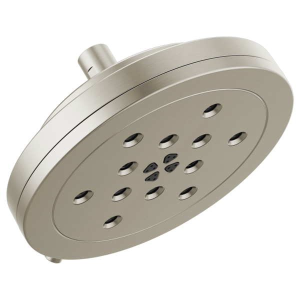 Brushed nickel round wall-mount shower head with multiple spray jets and cylindrical arm connector.