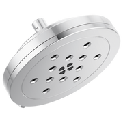 Chrome round wall-mount shower head with multiple spray jets and short cylindrical arm connection.