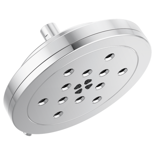 Chrome round wall-mount shower head with multiple spray jets and short cylindrical arm connection.