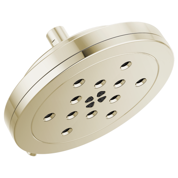 Round wall mount shower head in brushed nickel with multiple spray jets and connector arm.