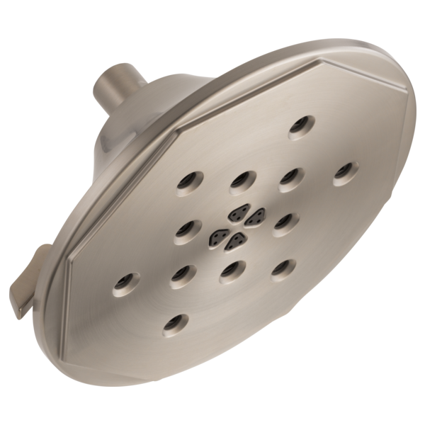 Round brushed nickel wall-mounted shower head with multiple spray holes and connection arm.