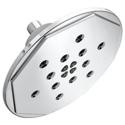 Round chrome wall-mount shower head with multiple spray jets arranged across white face plate and short arm connector.