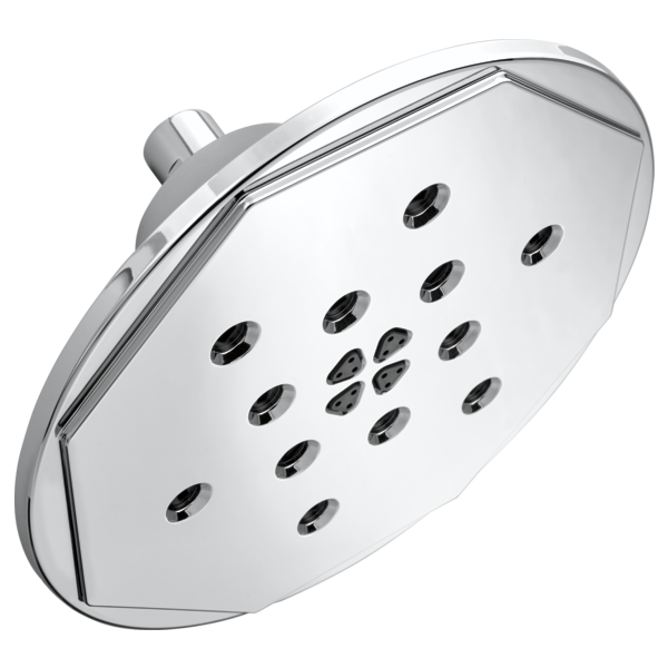 Round chrome wall-mount shower head with multiple spray jets arranged across white face plate and short arm connector.