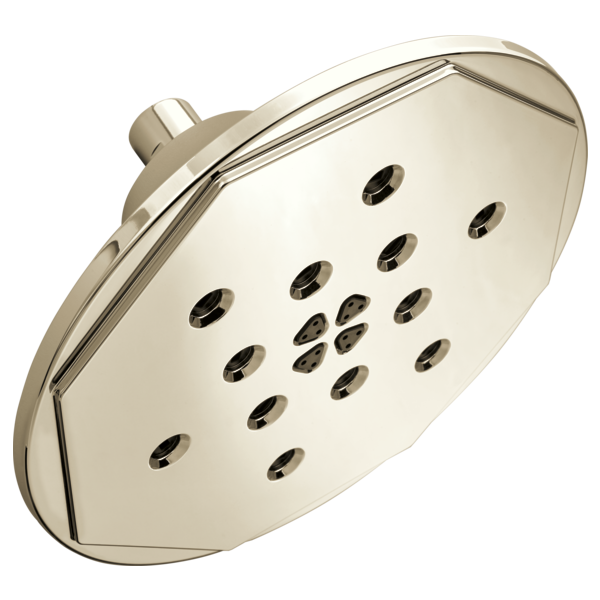 Round brushed nickel wall-mount shower head with multiple spray jets across flat face and cylindrical arm connector.