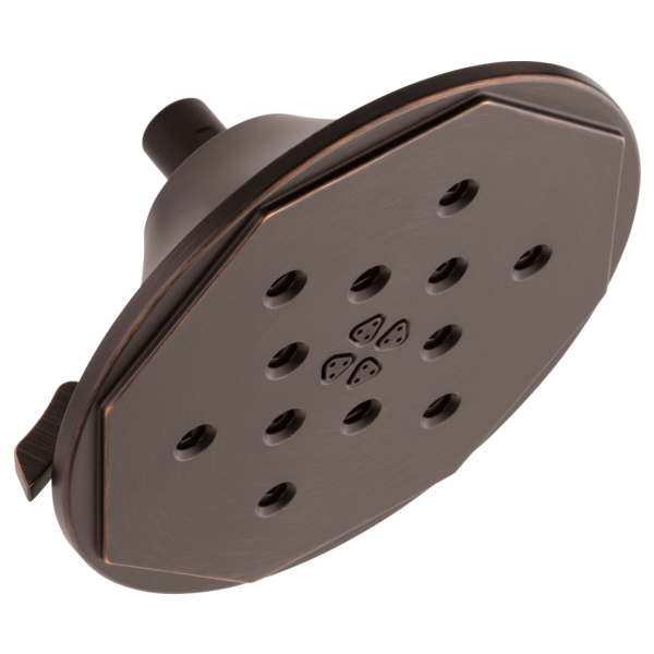 Round wall mount shower head in bronze finish with multiple spray jets and adjustment lever.