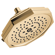Polished gold square shower head with multiple spray jets and adjustable arm connection.
